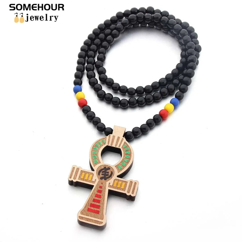 African Wooden Necklace Ankh Symbol Pendant Wood Beads Chains Women Jewelry