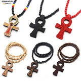 African Wooden Necklace Ankh Symbol Pendant Wood Beads Chains Women Jewelry