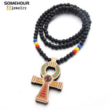 African Wooden Necklace Ankh Symbol Pendant Wood Beads Chains Women Jewelry