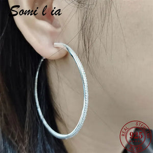 925 Silver CZ Large Hoop Earrings Women's Jewelry