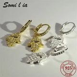 SOMILLIA 925 Silver Ear Hoop Earrings 18K Golden Zircon Party Jewelry