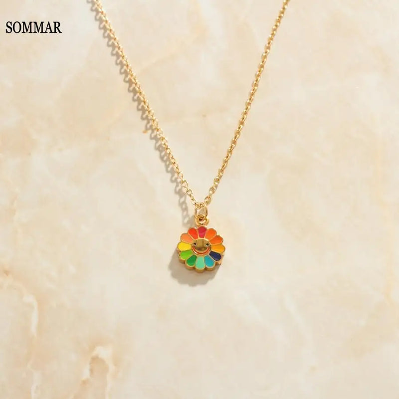Colorful Sunflower Smiley Necklace Big Pendant Wedding