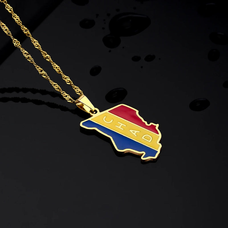 Chad Map Flag Pendant Necklace Stainless Steel Ethnic Jewelry Birthday