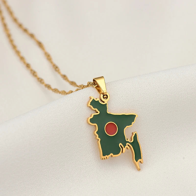 Bangladesh Flag Pendant Necklace Stainless Steel Chains Bengali Map