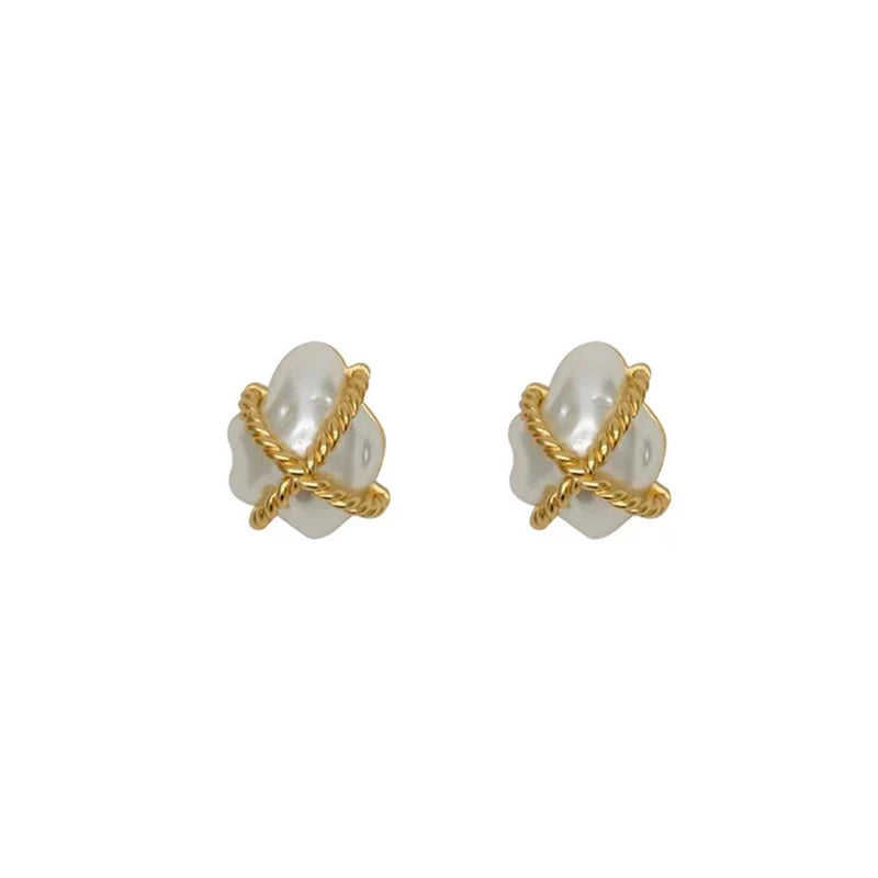 Baroque Geometric Pearl Stud Earrings Metallic Twist Braided