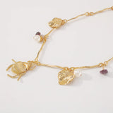 Exaggerated Gold Beetle Leaf Necklace with Pearl Stone Charms
