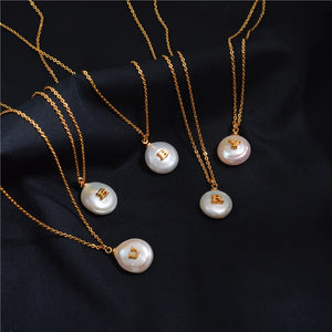 Alphabet Letter Round Pearl Necklace Charm Name Pendant Layer Chain Choker