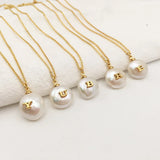 Alphabet Letter Round Pearl Necklace Charm Name Pendant Layer Chain Choker