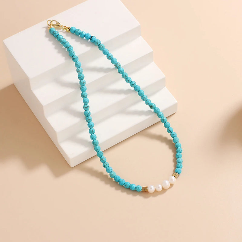 Freshwater Pearl Turquoise Beaded Necklace Boho Choker for Mother