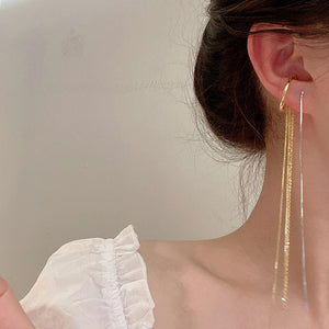 Minimalist Clip-On Long Tassel Earrings Silver Line Chain Ear Cuff