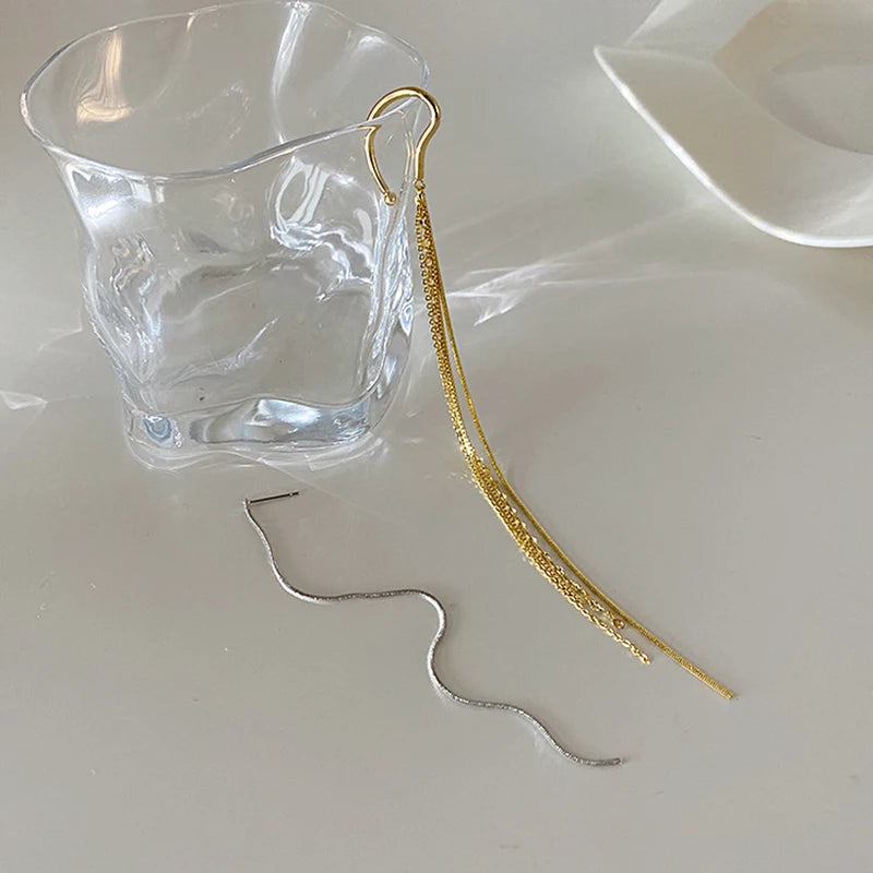 Minimalist Clip-On Long Tassel Earrings Silver Line Chain Ear Cuff