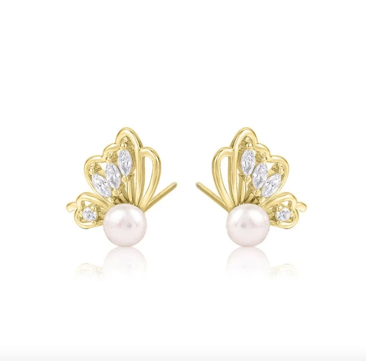 Silver Zircon Pearl Twist Stud Earrings For Women