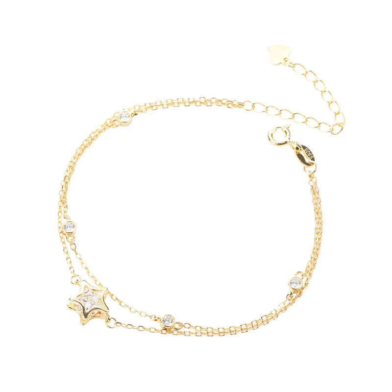 925 Sterling Silver Pentagon Charms Layer Bracelet Zircon Star Bangle