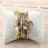 Leather Flower Beauty Bracelet Crystal Beads Pulseira Magnet Jewelry Multilayer