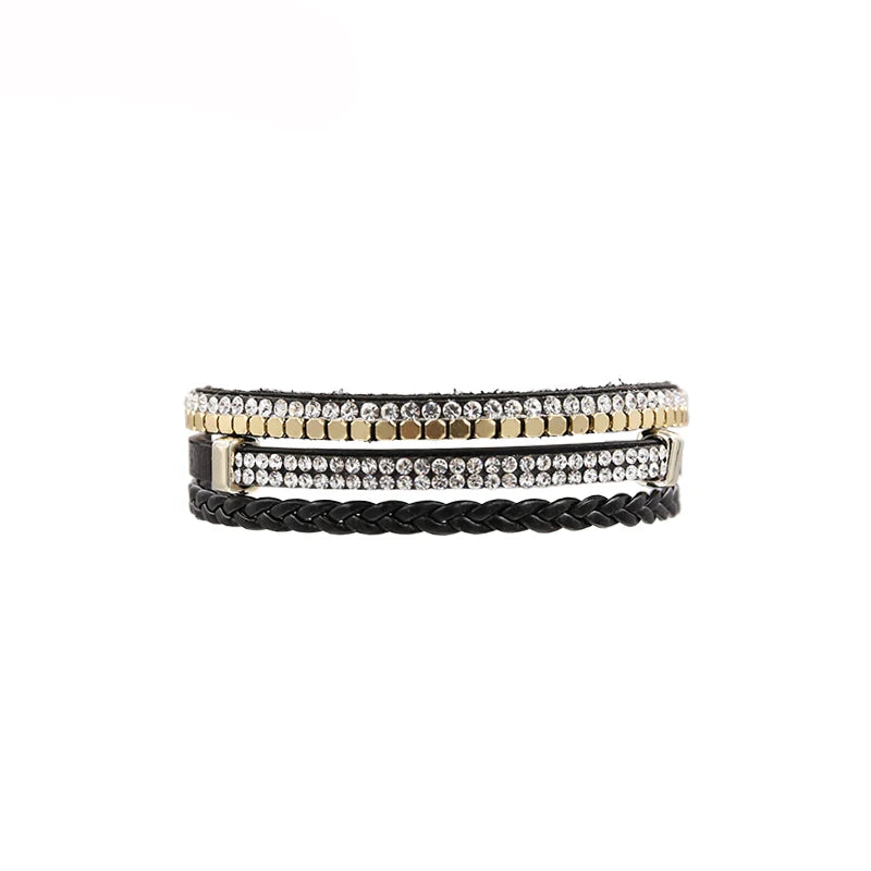 Layered Leather Crystal Rhinestone Bracelet for Women