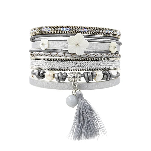 Bohemia Grey Bracelet Set With Shell Flower and Tassel
