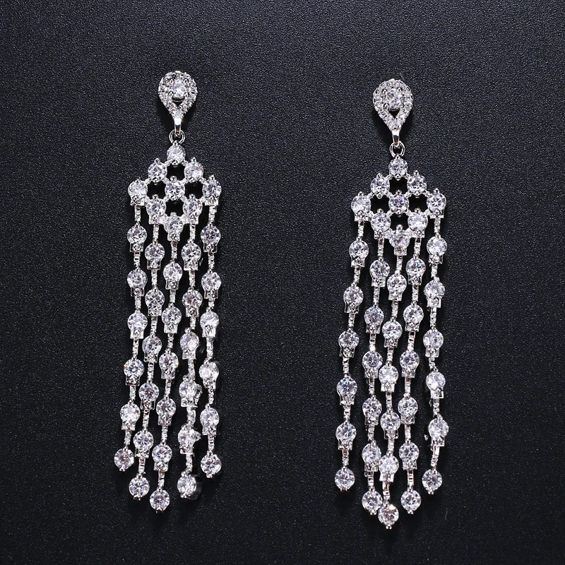 SUGO Zircon Tassel Drop Earrings for Bride Wedding Dress