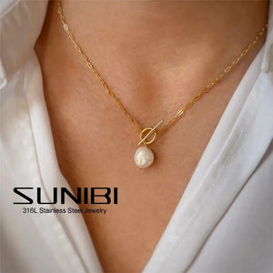 Freshwater Pearl Necklace for Women Stainless Steel Pendant