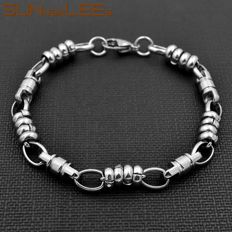 316L Stainless Steel Bracelet 6mm Geometric Link Chain Silver Plated