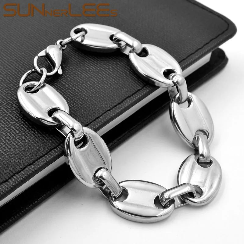 316L Stainless Steel Coffee Beans Bracelet 13mm Chain Silver Men Women