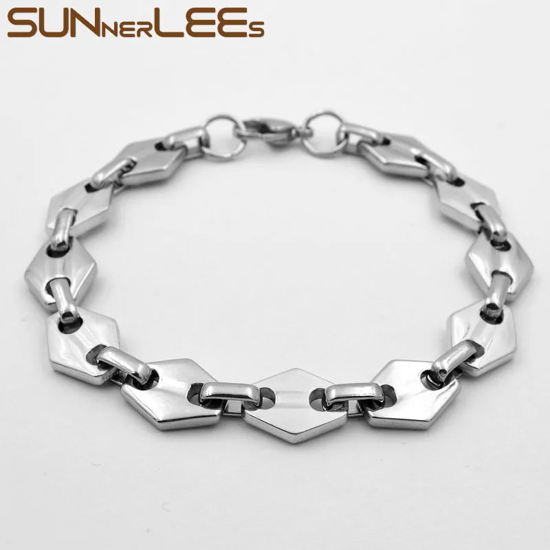 Stainless Steel Geometric Link Chain Bracelet 11mm Silver Plated