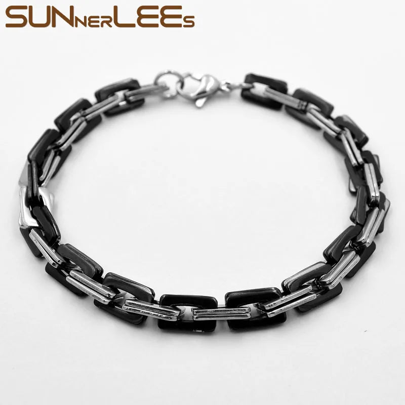 Stainless Steel Geometric Link Chain Bracelet 6mm Silver Plated SC150