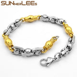 Stainless Steel Bracelet 7mm Geometric Beads Link Chain Silver Plated Gift