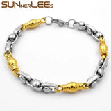 Stainless Steel Bracelet 7mm Geometric Beads Link Chain Silver Plated Gift