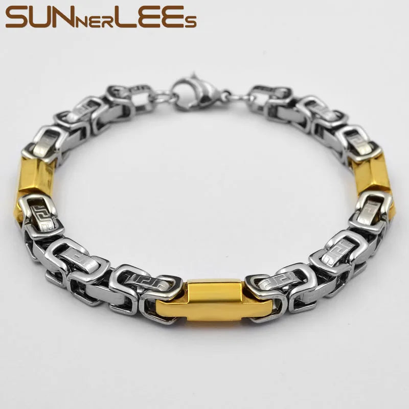 Stainless Steel Bracelet 7mm Byzantine Link Chain Silver Plated Women Men