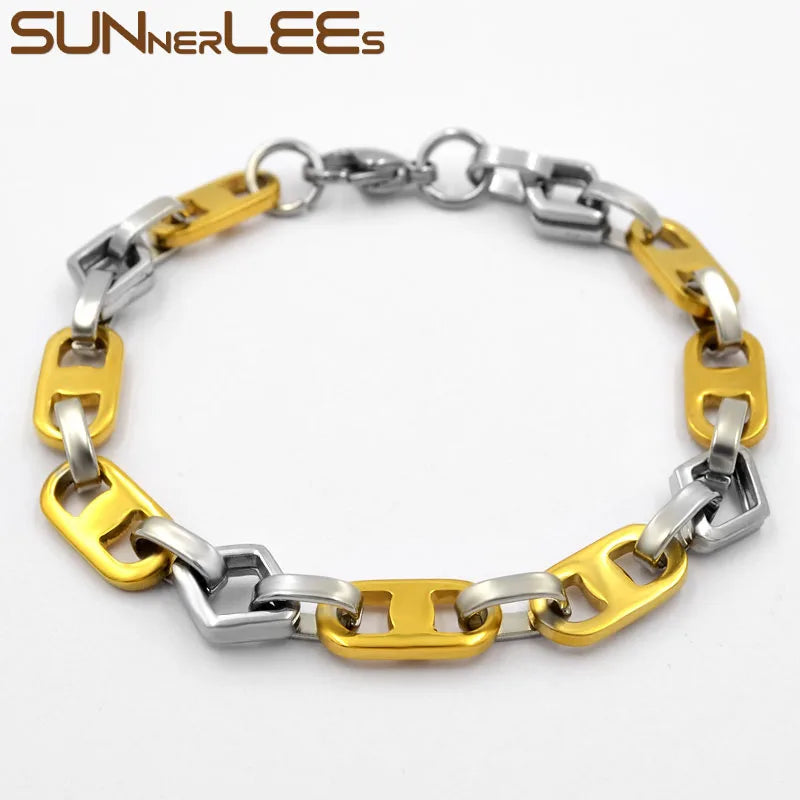 Stainless Steel Geometric Link Chain Bracelet 8mm Silver Plated