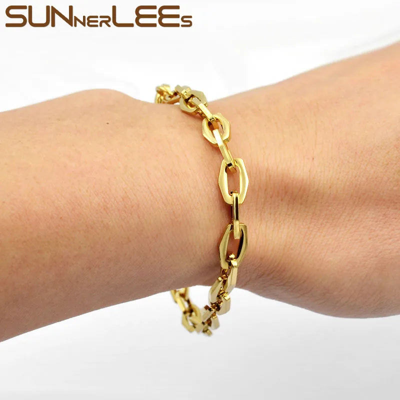 Stainless Steel Bracelet Geometric Link Chain High Polished Men Women Gift