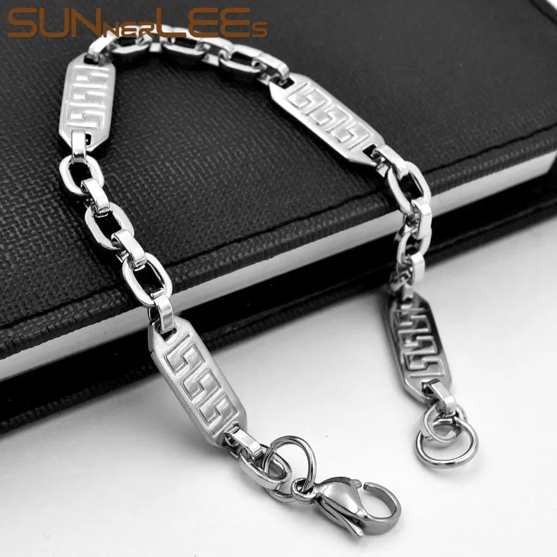 Silver Plated 7mm Geometric Link Chain Stainless Steel Bracelet Gift