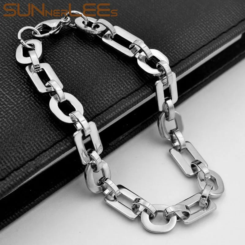 Stainless Steel Bracelet 8mm Geometric Link Chain Silver Plated SC176
