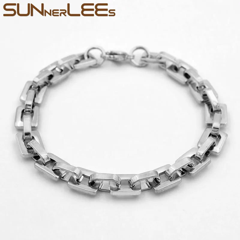 Stainless Steel Bracelet 8mm Geometric Link Chain Silver Men Women Jewelry
