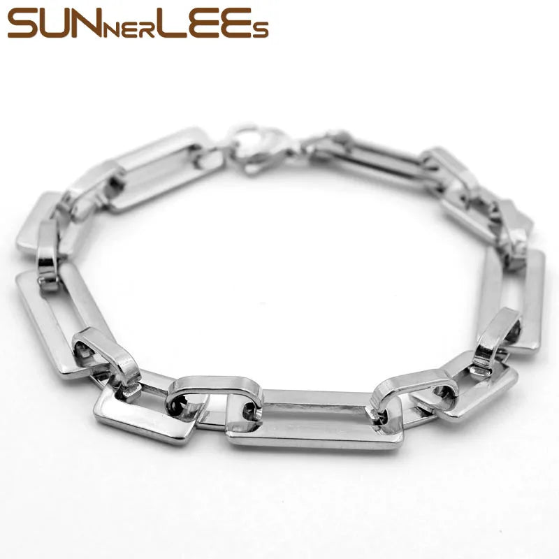 Stainless Steel Bracelet Geometric Link Chain Smooth Silver Plated SC207