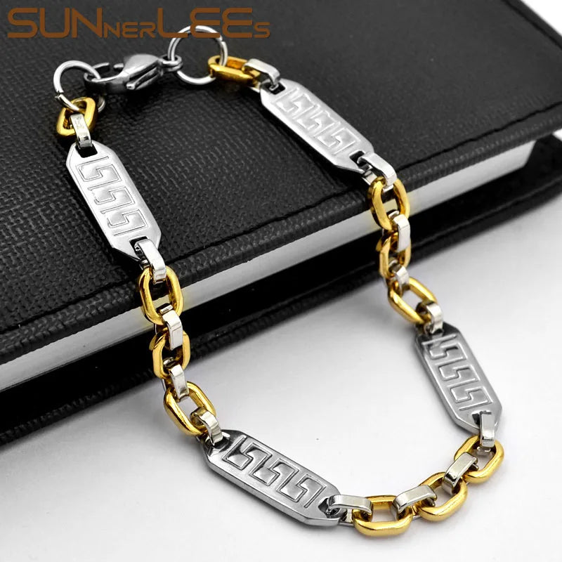 Stainless Steel Bracelet High Polish 7mm Geometric Link Chain Silver Plated