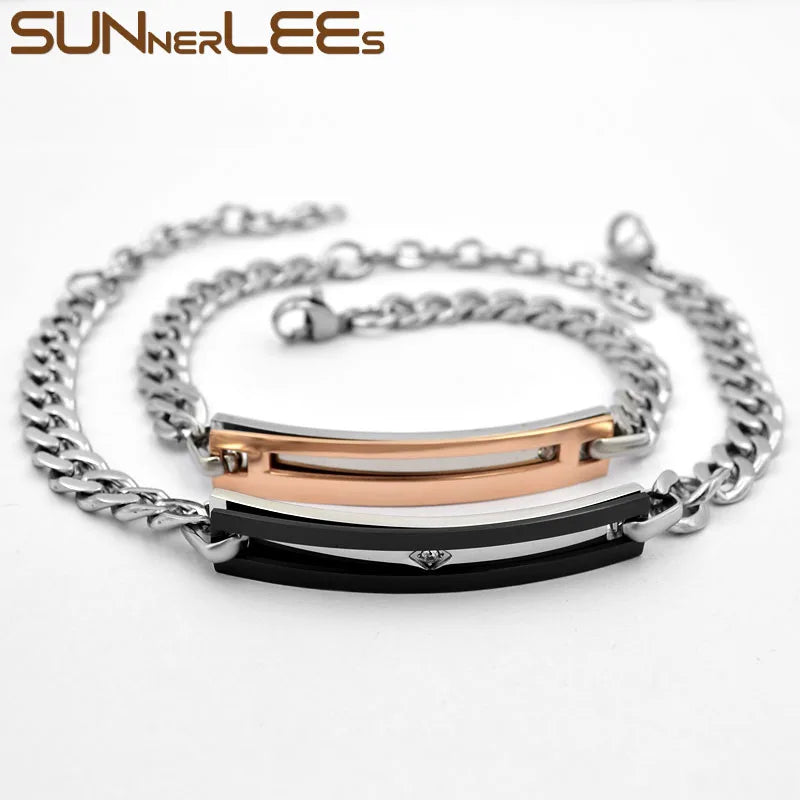 Couple ID Bracelet Stainless Steel Rose Charm Chain Gift