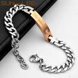 Stainless Steel Couple ID Bracelet CZ Stones Lover Crown Charm Link Chain