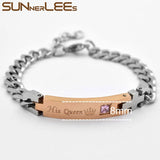 Stainless Steel Couple ID Bracelet CZ Stones Lover Crown Charm