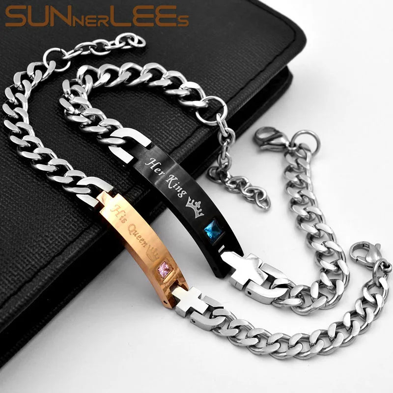 Stainless Steel Couple ID Bracelet CZ Stones Lover Crown Charm