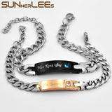 Stainless Steel Couple ID Bracelet CZ Stones Lover Crown Charm Link Chain