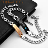 Stainless Steel Couple ID Bracelet CZ Stones Lover Crown Charm Link Chain