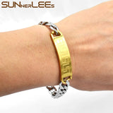 Stainless Steel ID Bracelet Geometric Patterns Surface Charm Link Chain