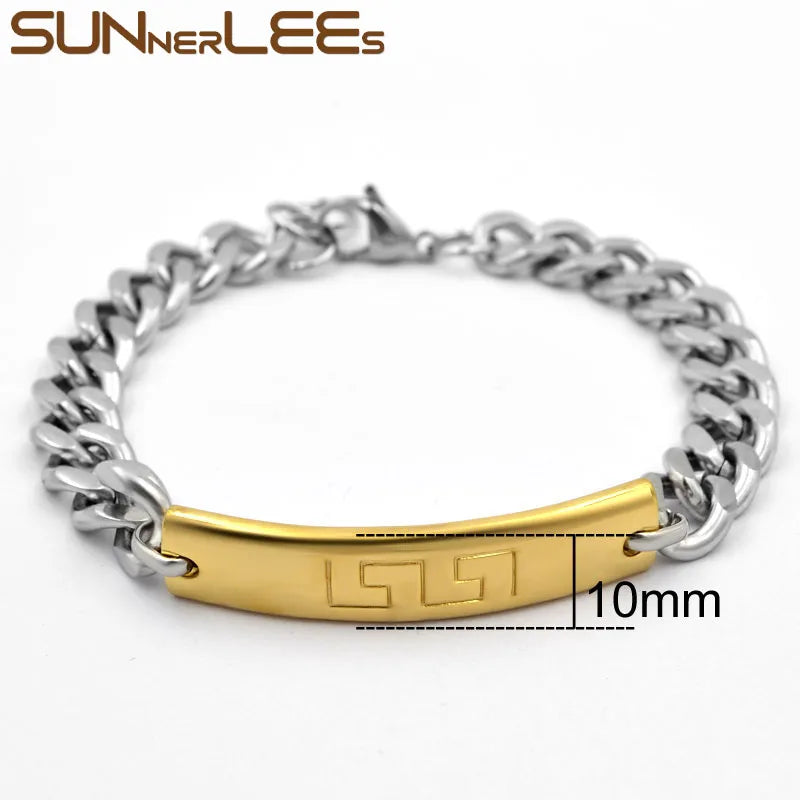 Stainless Steel ID Bracelet with Geometric Patterns