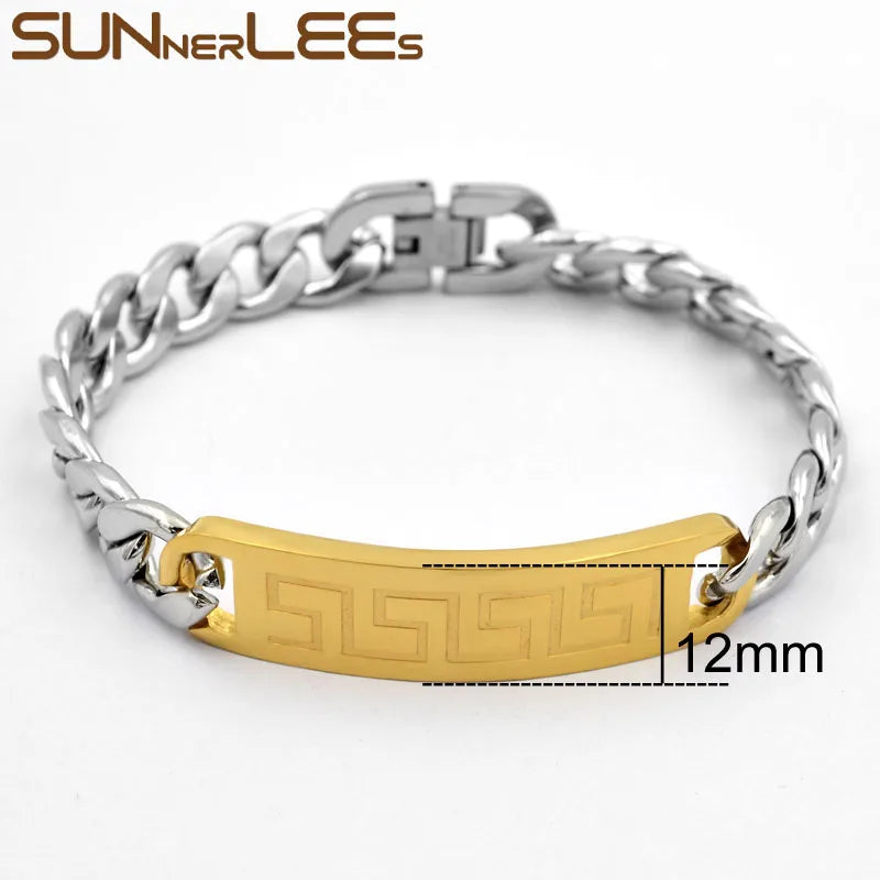 Stainless Steel ID Bracelet Geometric Patterns Surface Charm Link Chain
