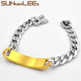 Stainless Steel ID Bracelet Geometric Patterns Surface Charm Link Chain