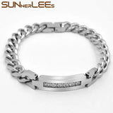 Stainless Steel ID Bracelet Charm Link Chain CZ Men Women Jewelry SCB22