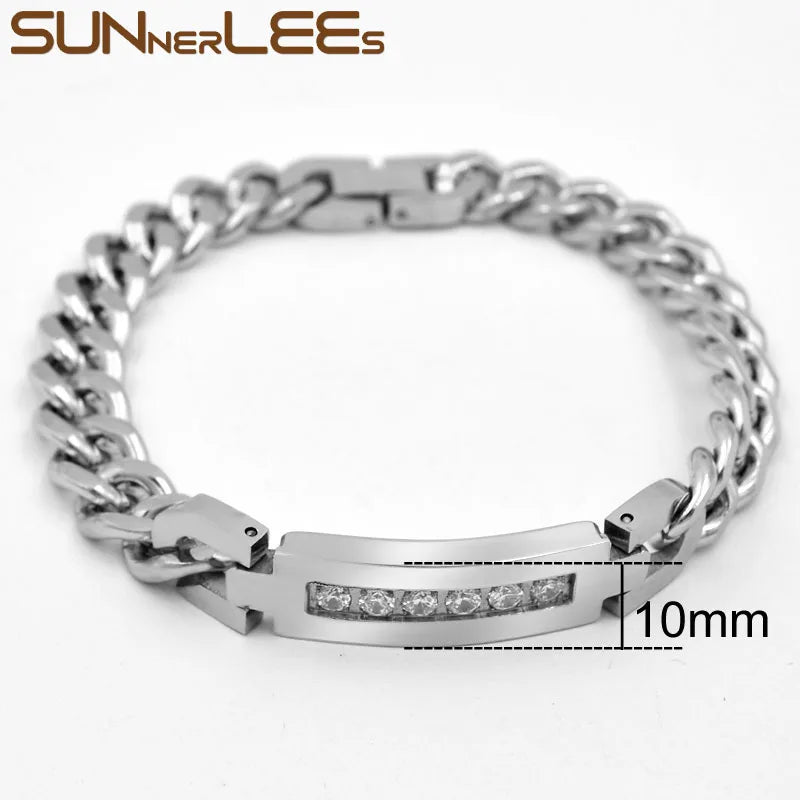 Stainless Steel ID Bracelet Charm Link Chain CZ Men Women Jewelry SCB22