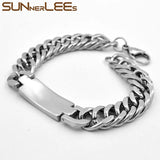 Stainless Steel ID Bracelet Polished Charm Link Clear Cubic Zirconia