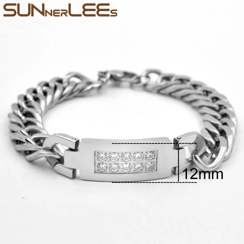 Stainless Steel ID Bracelet Polished Charm Link Clear Cubic Zirconia